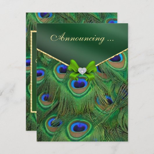 エメラルドグリーンのピーコックエンゲージメント発表 案内状 (正面/裏面)