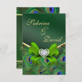 エメラルドグリーンのピーコック受付カード 招待状 (正面/裏面)