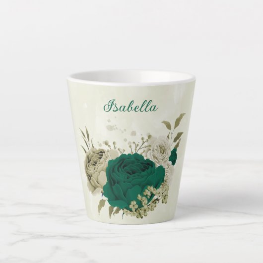 エメラルドグリーンのベージュのお花 カフェラテマグ (正面)