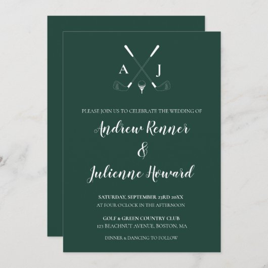 エメラルドグリーンのモダン ミニマル ゴルフ ウェディング インビテ 招待状 (正面/裏面)