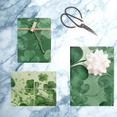 エメラルドグリーンのラッキーシャムロック ヴィンテージ水彩  ラッピングペーパーシート