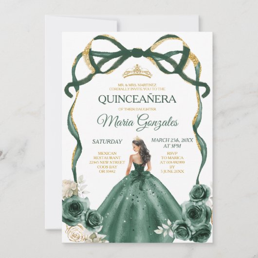 エメラルドグリーンのリボン付きプリンセスゴールドクラウンクインセアニエラ 招待状 (正面)