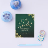 エメラルドグリーンのレースとゴールドのオールインワン結婚式招待状QRコード付き チラシ (シングル)