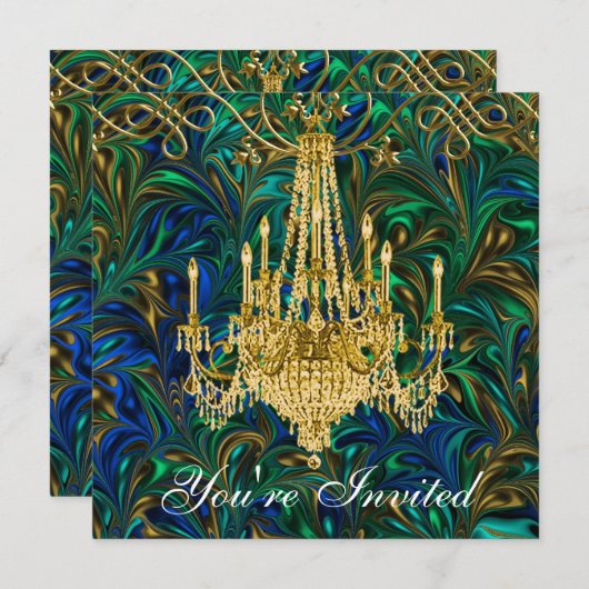 エメラルドグリーンのロイヤルブルーとゴールドのシャンデリアパーティー 招待状 (正面/裏面)