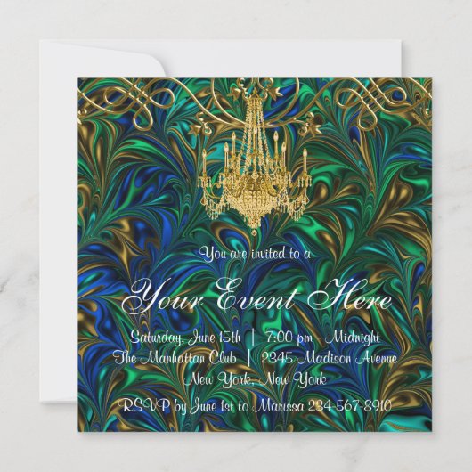 エメラルドグリーンのロイヤルブルーとゴールドのシャンデリアパーティー 招待状 (裏面)