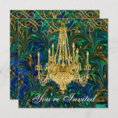 エメラルドグリーンのロイヤルブルーゴールドシャンデリアパーティー 招待状 (正面/裏面)