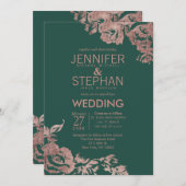 エメラルドグリーンのローズゴールドの花の結婚式 招待状 (正面/裏面)