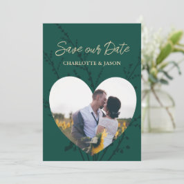 エメラルドグリーンの写真ハートフレーム Save The Date    招待状