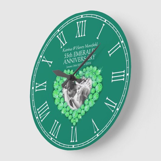 エメラルドグリーンの写真ハート55結婚周年 ラージ壁時計 (傾斜)