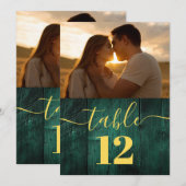 エメラルドグリーンの古材ウッドフォトテーブルナンバー 招待状 (正面/裏面)