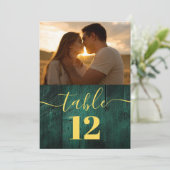 エメラルドグリーンの古材ウッドフォトテーブルナンバー 招待状 (スタンド正面)
