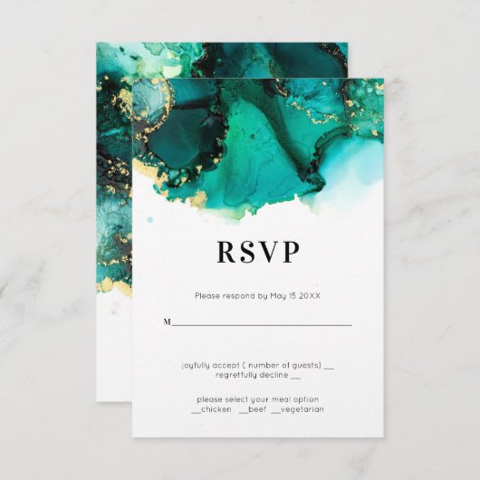 エメラルドグリーンの宝石調ウェディング RSVP (正面/裏面)