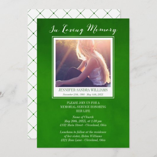 エメラルドグリーンの愛する記憶の写真記念 招待状 (正面/裏面)