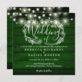 エメラルドグリーンの木製ストリングライト ウェディング 招待状 (正面/裏面)