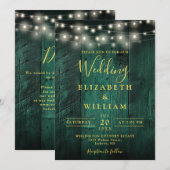 エメラルドグリーンの木製ストリングライトQRコード結婚ズ 招待状 (正面/裏面)