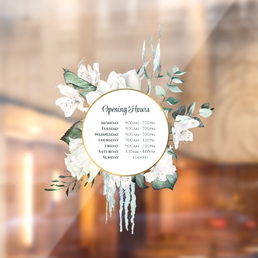 エメラルドグリーンの植物とゴールドの円形 開店時間 ウィンドウサイン (シート2)