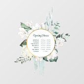 エメラルドグリーンの植物とゴールドの円形 開店時間 ウィンドウサイン (シート)