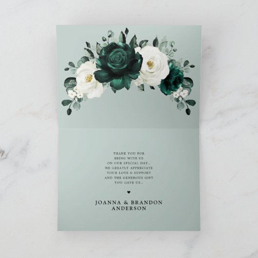 エメラルドグリーンの植物と白い花のウェディング サンキューカード (内部)