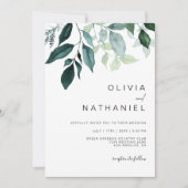 エメラルドグリーンの植物と葉のボタニカルウェディング 招待状 (正面)