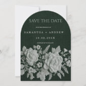 エメラルドグリーンの植物モチーフの贅沢なフェイクエンボス加工のSave The Date 招待状 (正面)