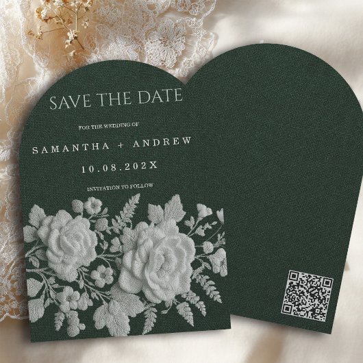 エメラルドグリーンの植物モチーフの贅沢なフェイクエンボス加工のSave The Date 招待状