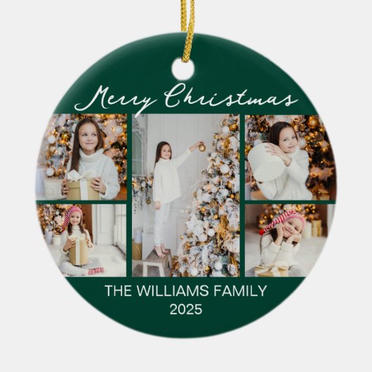 エメラルドグリーンの楽しいクリスマス フォトコラージュ セラミックオーナメント (正面)