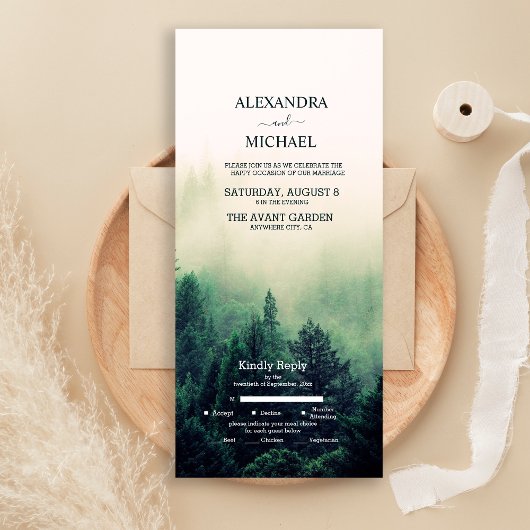 エメラルドグリーンの水彩松の木の結婚式 オールインワン招待状