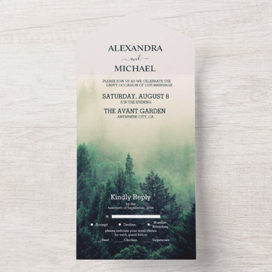 エメラルドグリーンの水彩松の木の結婚式 オールインワン招待状 (内側)