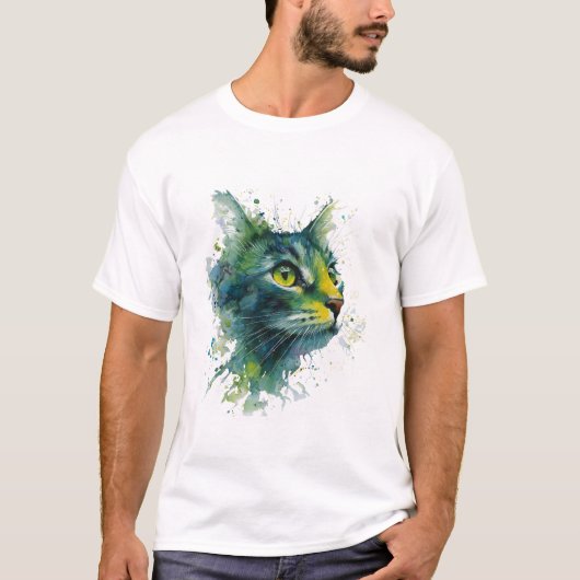 エメラルドグリーンの水彩猫の顔 モダンアート Tシャツ (正面)