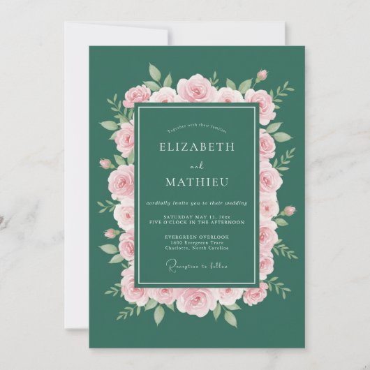 エメラルドグリーンの洗練された薔薇の結婚式 招待状 (正面)