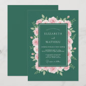 エメラルドグリーンの洗練された薔薇の結婚式 招待状 (正面/裏面)