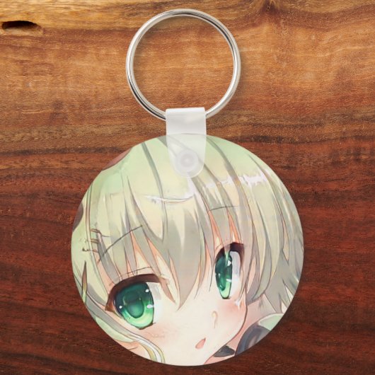 エメラルドグリーンの目イエローグリーンの髪のアニメガール キーホルダー (正面)