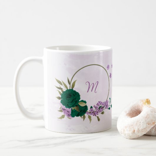 エメラルドグリーンの紫の花 コーヒーマグカップ (ドーナツ)