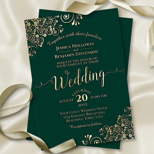 エメラルドグリーンの結婚式にエレガントな金のフリル 箔招待状