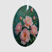 エメラルドグリーンの背景に描かれたピンクの芍薬のアート オーナメント (正面)