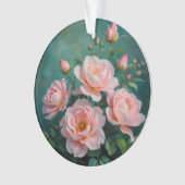 エメラルドグリーンの背景に描かれたピンクの芍薬のアート オーナメント (正面)