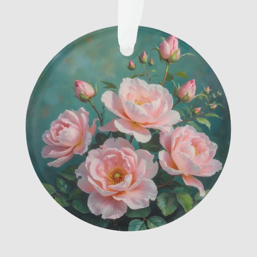 エメラルドグリーンの背景に描かれたピンクの芍薬のアート オーナメント (正面)
