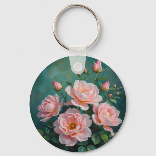 エメラルドグリーンの背景に描かれたピンクの芍薬のアート キーホルダー (正面)