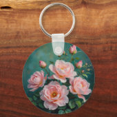 エメラルドグリーンの背景に描かれたピンクの芍薬のアート キーホルダー (裏面)