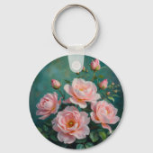 エメラルドグリーンの背景に描かれたピンクの芍薬のアート キーホルダー (裏面)