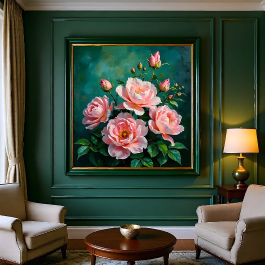 エメラルドグリーンの背景に描かれたピンクの芍薬のアート ポスター