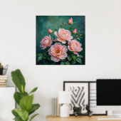 エメラルドグリーンの背景に描かれたピンクの芍薬のアート ポスター (ホームオフィス)