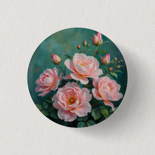 エメラルドグリーンの背景に描かれたピンクの芍薬のアート 缶バッジ (正面)