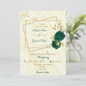 エメラルドグリーンの花とゴールドの幾何学模様のウェディング 招待状 (スタンド正面)