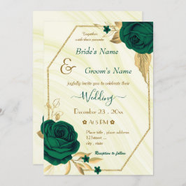 エメラルドグリーンの花とゴールドの幾何学模様のウェディング 招待状