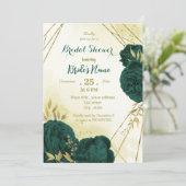 エメラルドグリーンの花とゴールドの葉のブライダルシャワー 招待状 (スタンド正面)