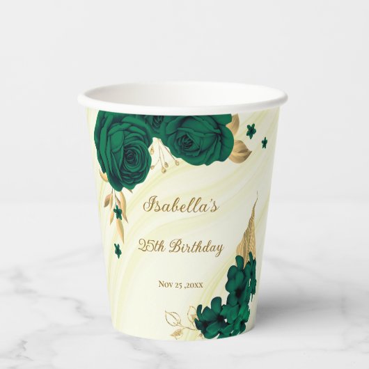 エメラルドグリーンの花とゴールドの葉の大理石 紙コップ (正面)