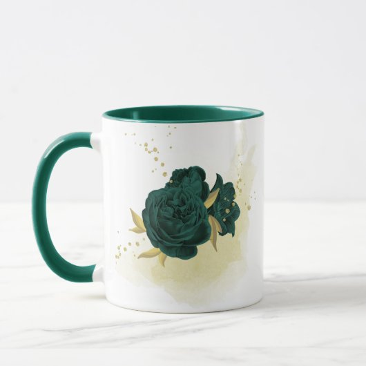 エメラルドグリーンの花とゴールドの葉 マグカップ (左)