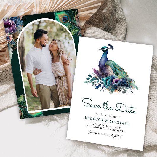 エメラルドグリーンの花と孔雀の写真の結婚式 セーブザデート