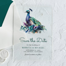 エメラルドグリーンの花と孔雀の結婚式Save the Date